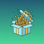 Illustration of a gift box with coins representing earning cash bonuses and rewards