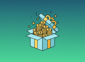 Illustration of a gift box with coins representing earning cash bonuses and rewards