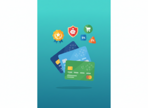 Illustration of stacked credit cards with reward badges