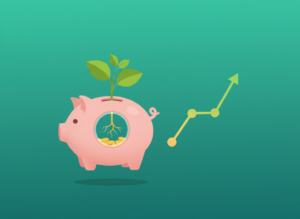Illustration of a piggy bank and growth chart representing automated investing